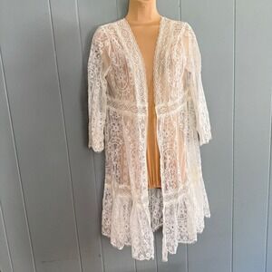 Ivory Floral Lace Sheer Open Front Duster Cardigan M Fairycore Boho Bridal